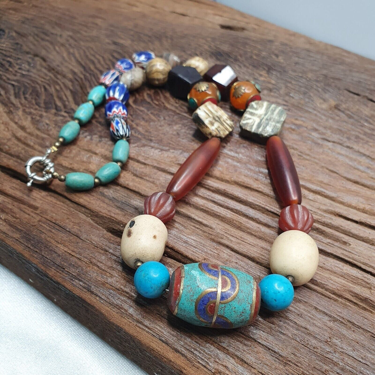 Vintage african beads chevron glass, pumtek, agate and nepal pendant necklace.