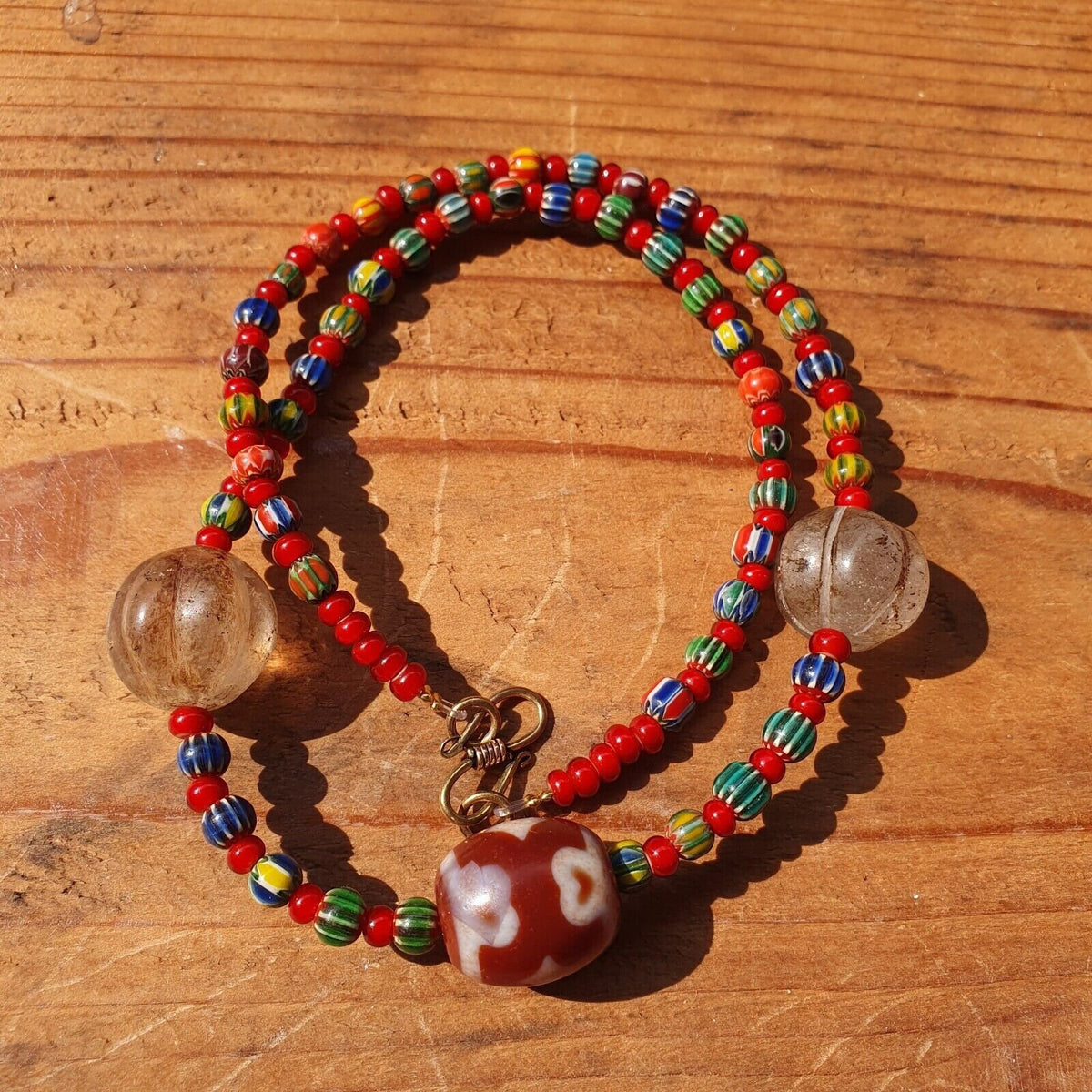 Himalayan crystals, chevron & tibetan red agate dzi spiritual amulet necklace
