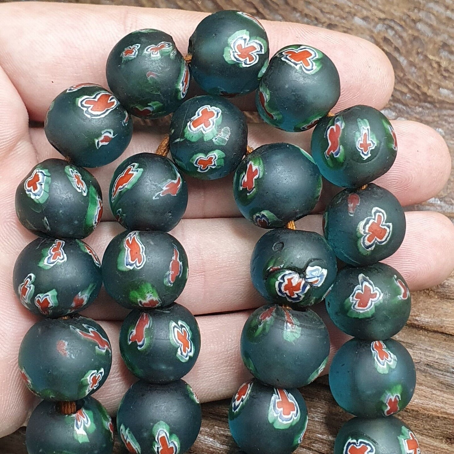 Vintage venetian-african murano style floral green glass beads strand 15-16mmGift