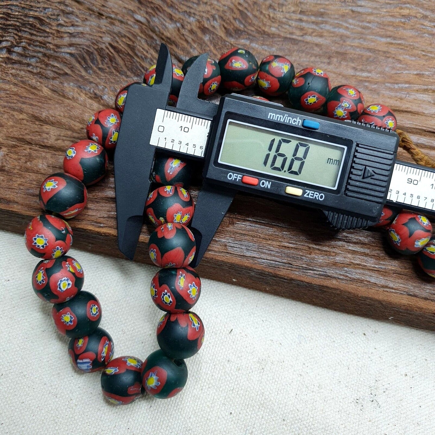 Vintage venetian-african murano style floral red glass beads strand 16mmGift