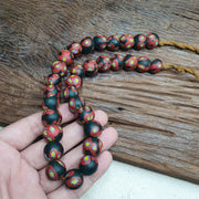 Vintage venetian-african murano style floral red glass beads strand 16mm.