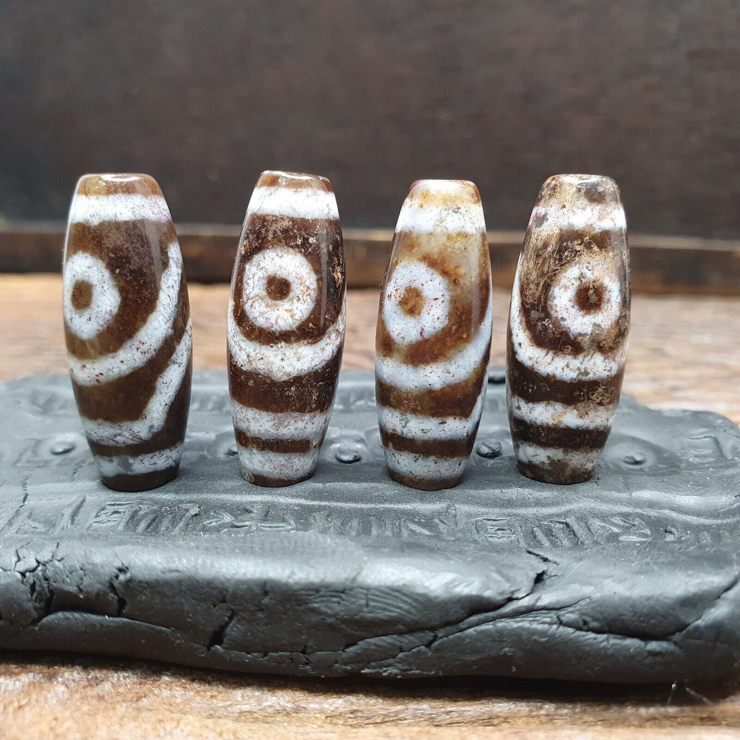 Tibetan Dzi Agate Beads: Old Amulet Pendants, Lot of 4
