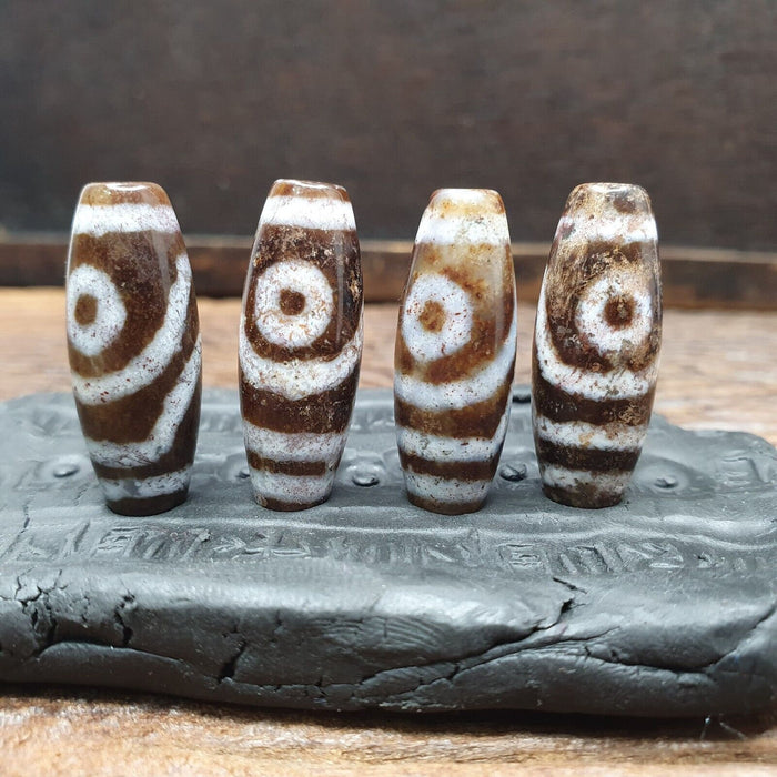 Tibetan Dzi Agate Beads: Old Amulet Pendants, Lot of 4