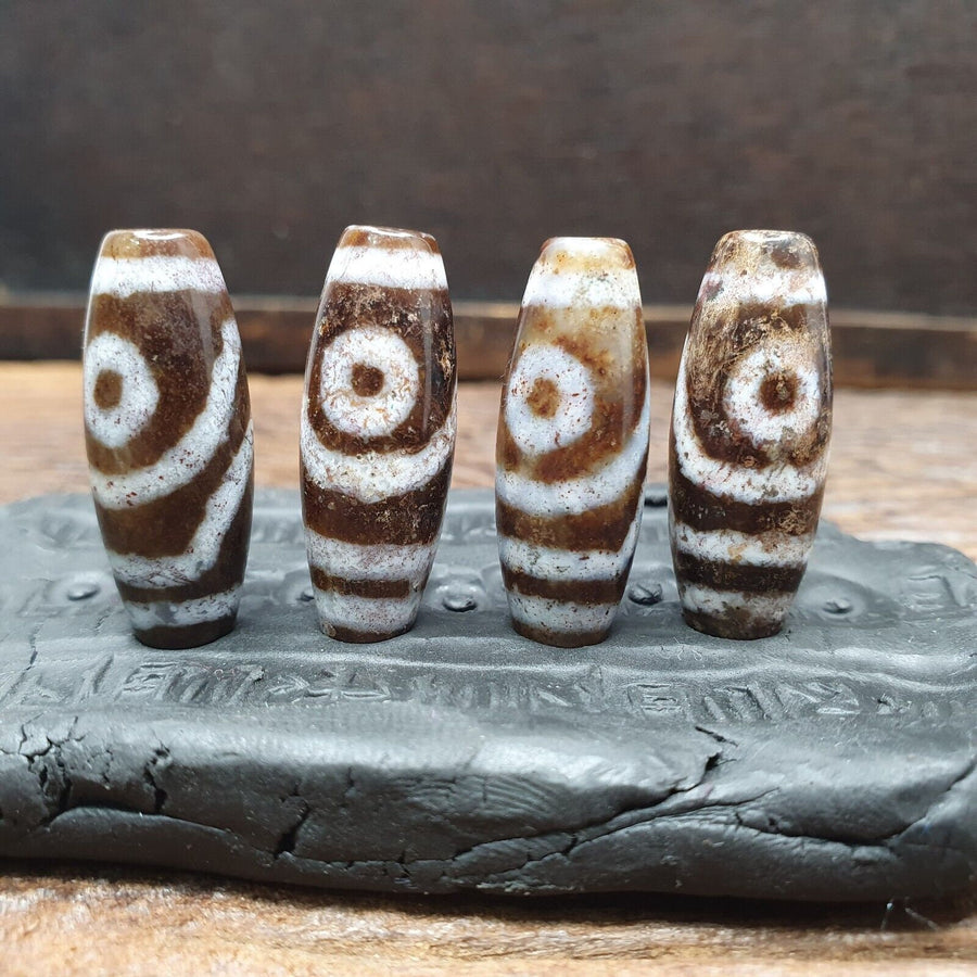 Tibetan Dzi Agate Beads: Old Amulet Pendants, Lot of 4