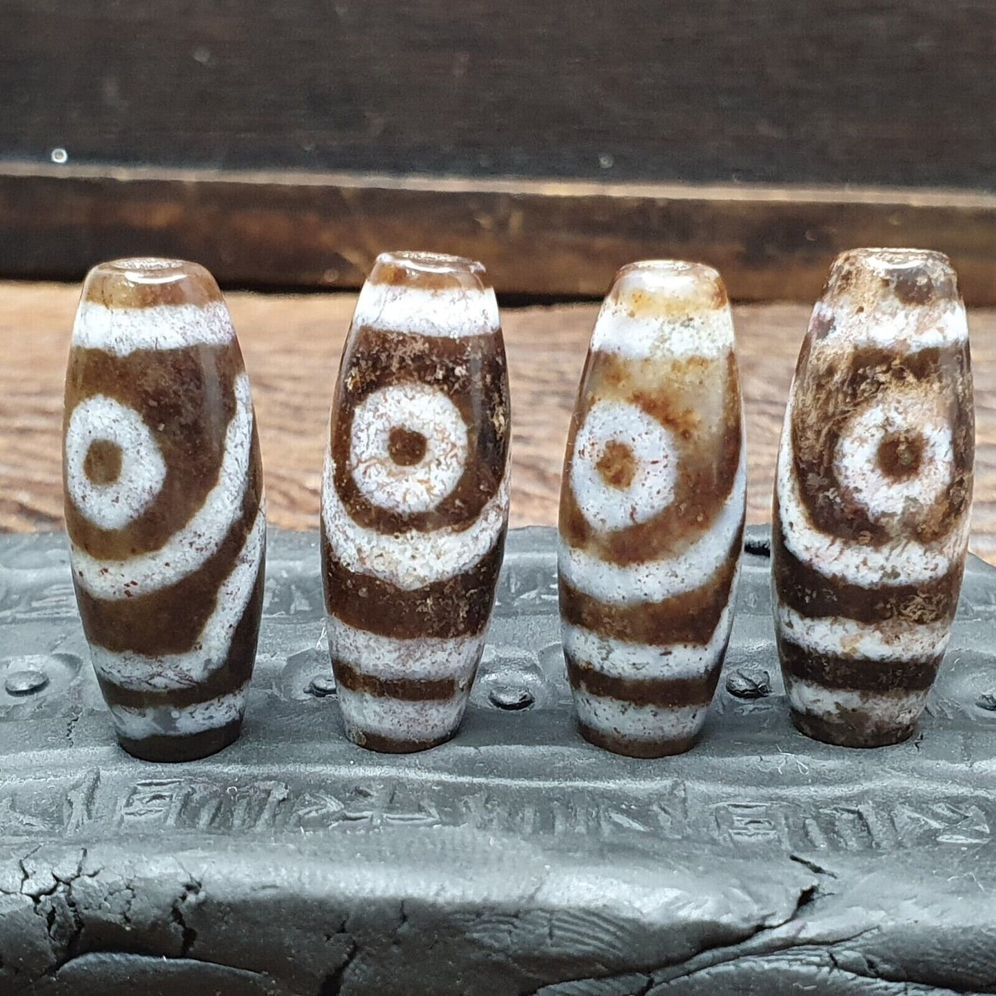 Tibetan Dzi Agate Beads: Old Amulet Pendants, Lot of 4