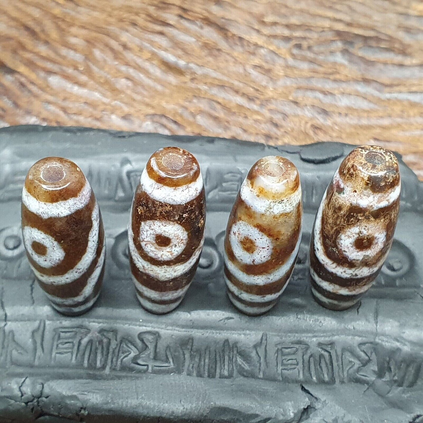 Tibetan Dzi Agate Beads: Old Amulet Pendants, Lot of 4