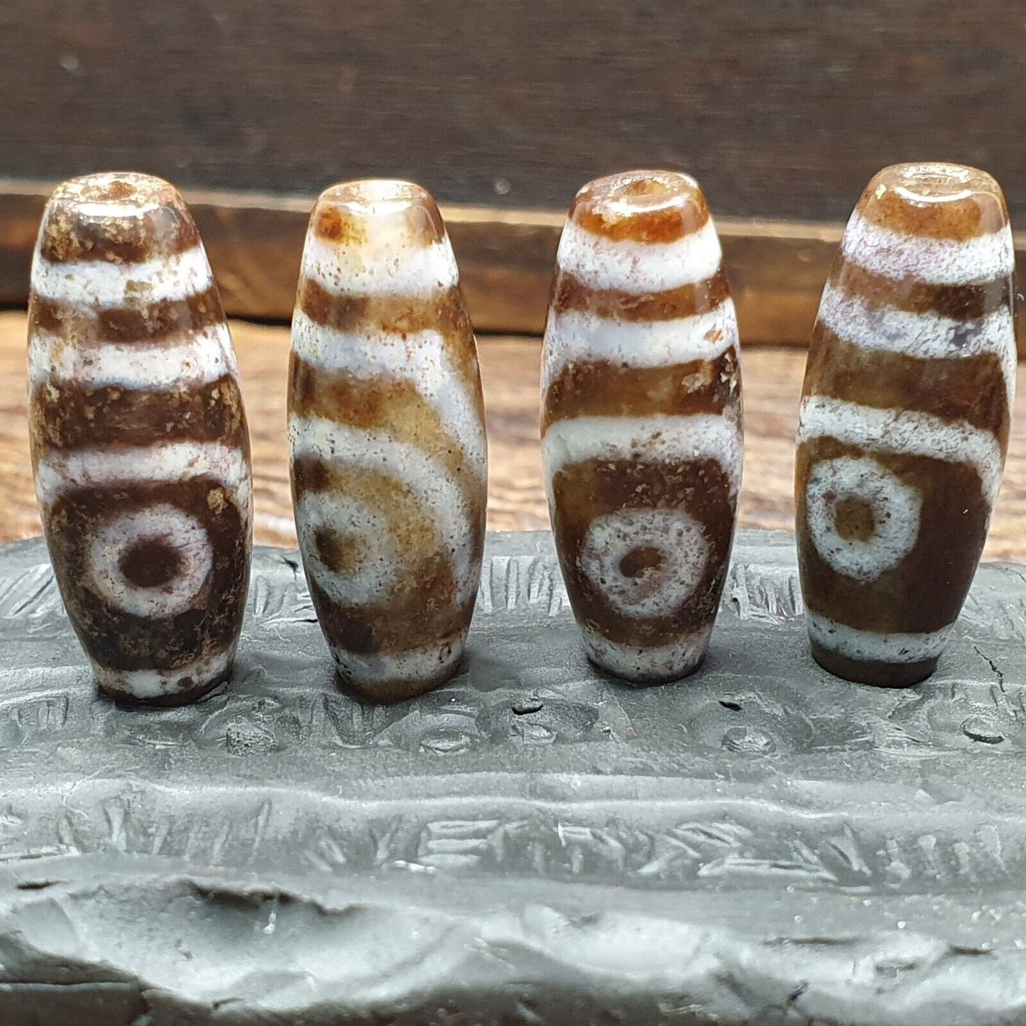 Tibetan Dzi Agate Beads: Old Amulet Pendants, Lot of 4