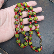 Vintage red white heart 6mm & roman style green gabri eyes beads necklace