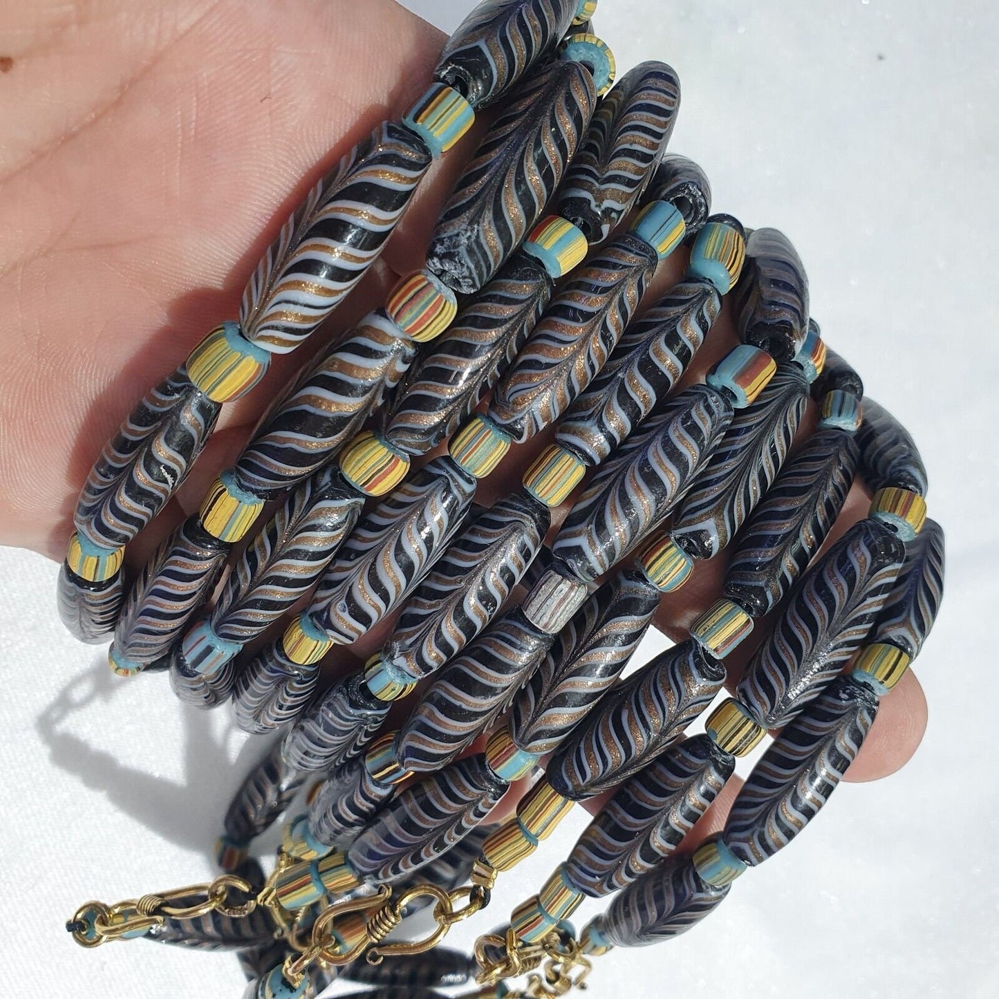 Vintage aventurine fancy feather beads 25-24 x9.5mm black glass beads necklaceGift