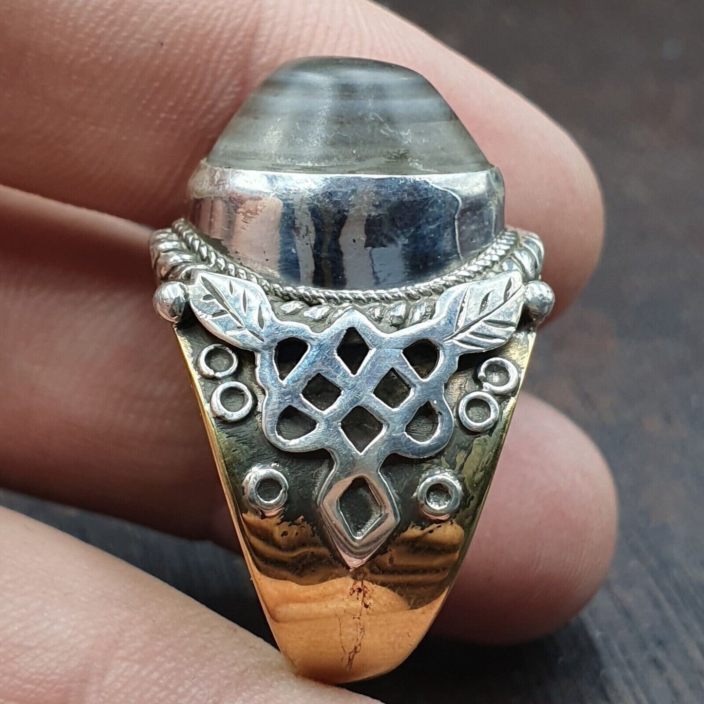 Antique tibetan eye agate center stone silver inlay gold plated brass ring