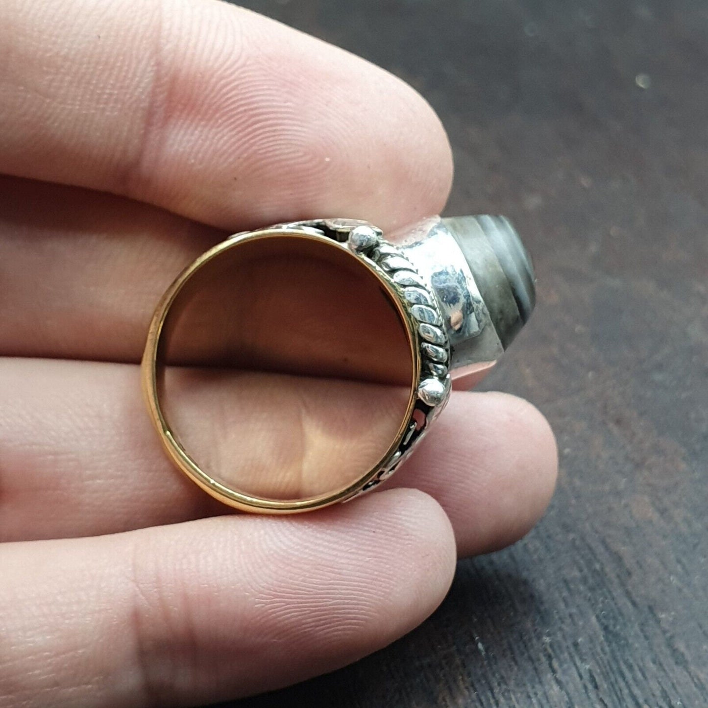 Antique tibetan eye agate center stone silver inlay gold plated brass ring