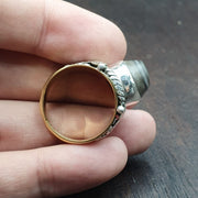 Antique tibetan eye agate center stone silver inlay gold plated brass ring