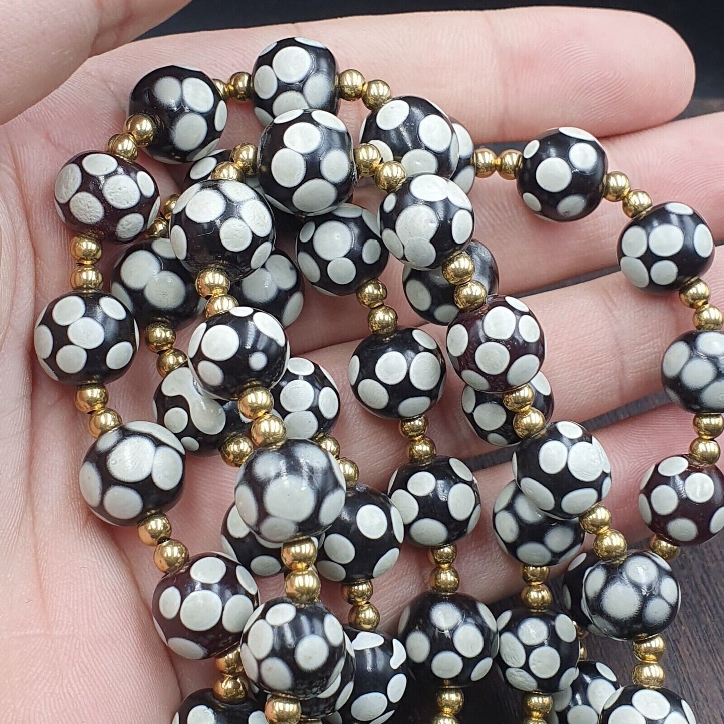 Venetian style skunk black beads vintage dotted beads strand