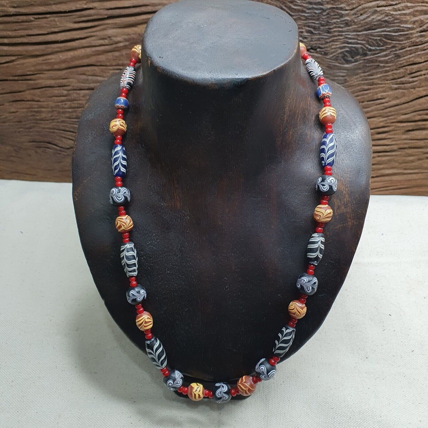Vintage fancy feather whiteheart glass venetian style beads necklace #mx-1Gift