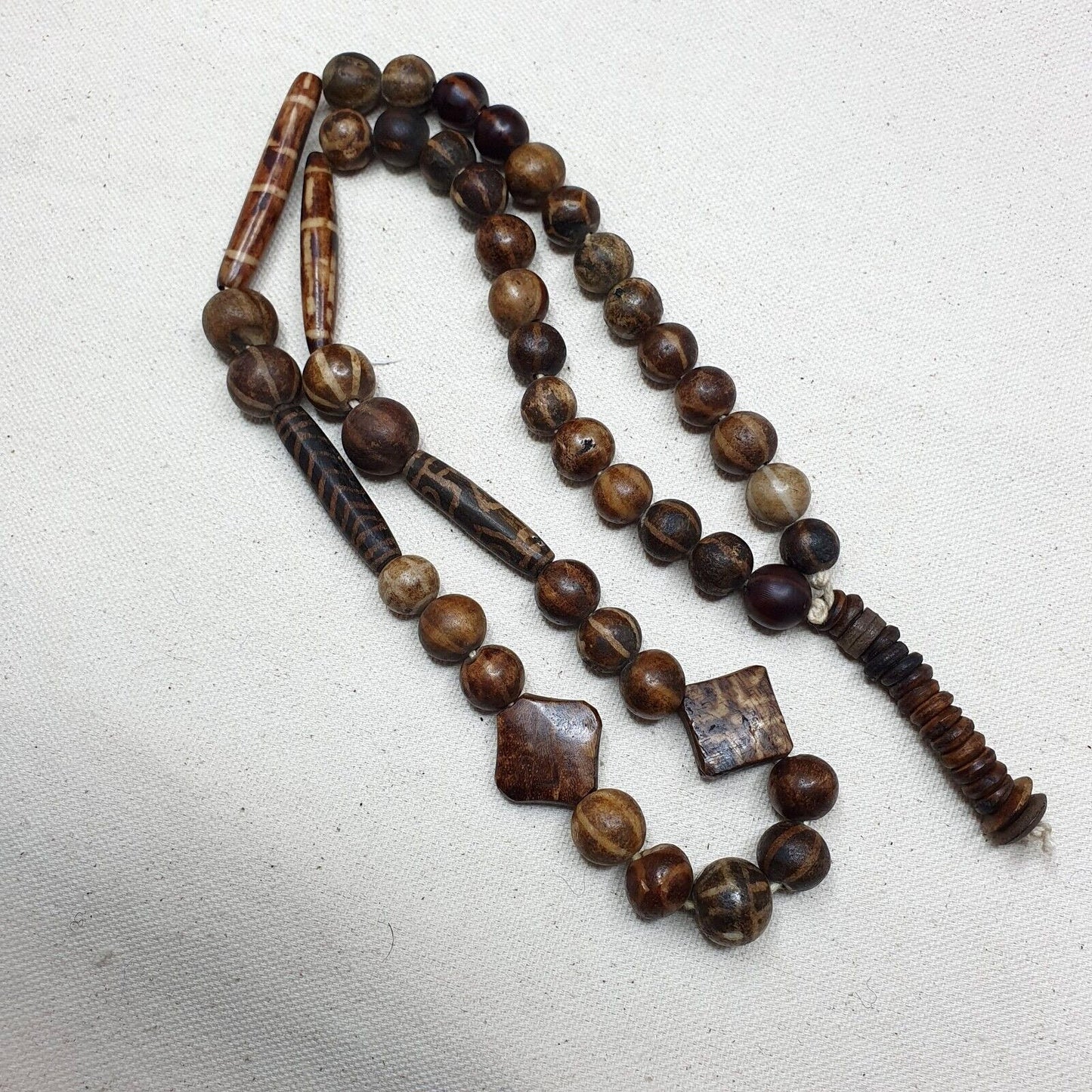 Antique Pumtek Bead Necklace: Agatized Palmwood, Southeast Asian Collectible