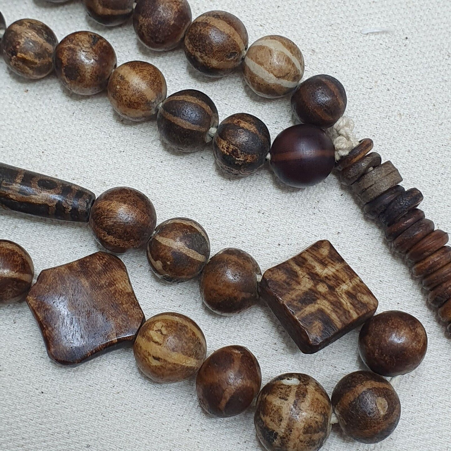 Antique Pumtek Bead Necklace: Agatized Palmwood, Southeast Asian Collectible
