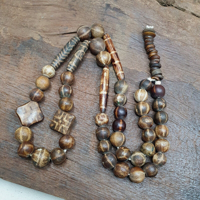 Antique Pumtek Bead Necklace: Agatized Palmwood, Southeast Asian Collectible