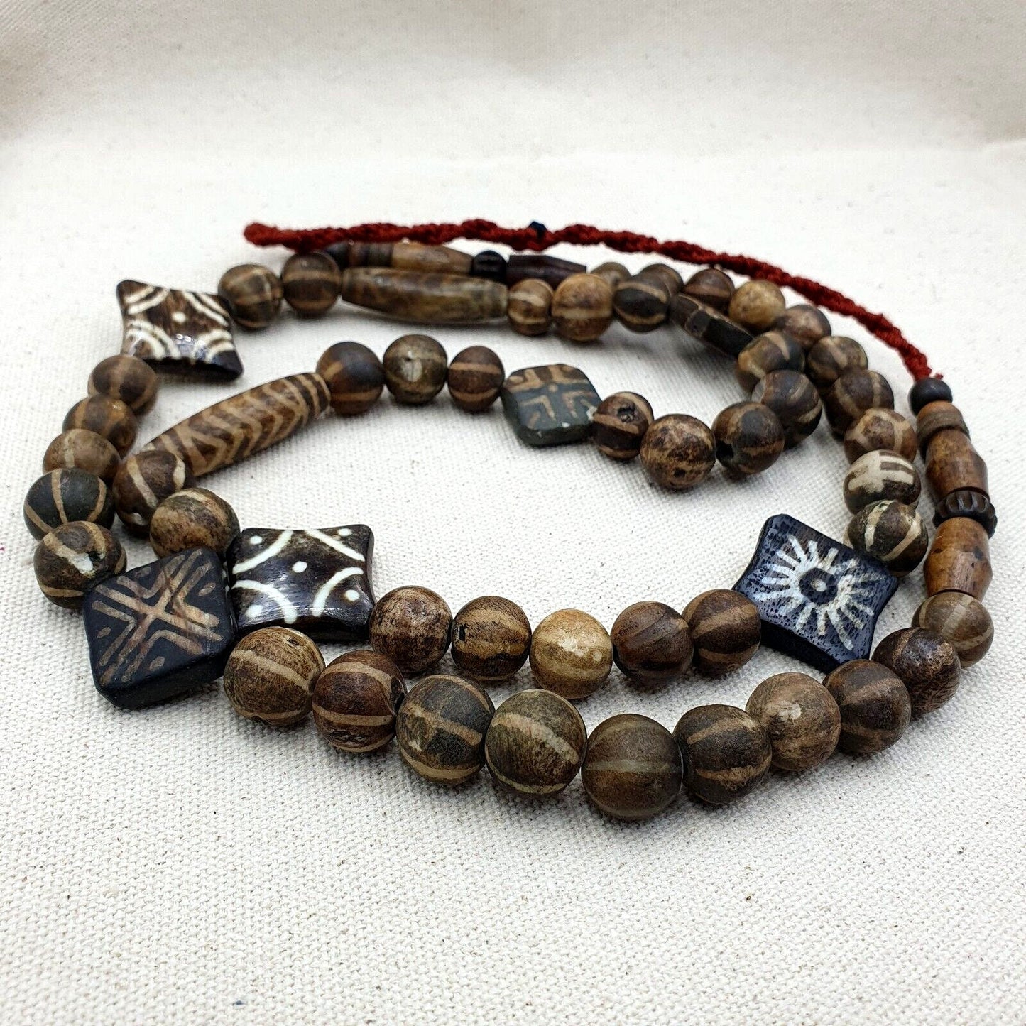 Antique Pumtek Bead Necklace: Agatized Palmwood, Southeast Asian Design