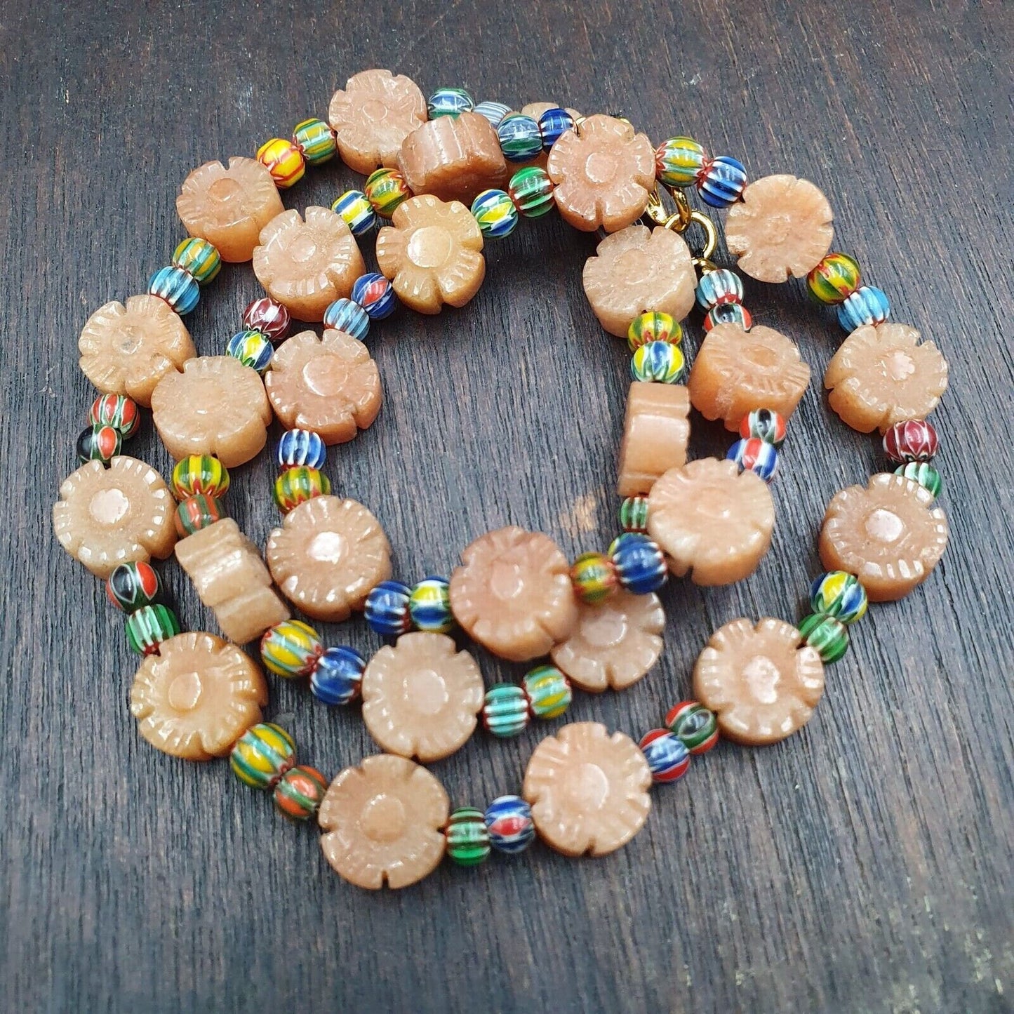 Vintage yellow carving aventurine stone and venetian chevron beads mala necklace