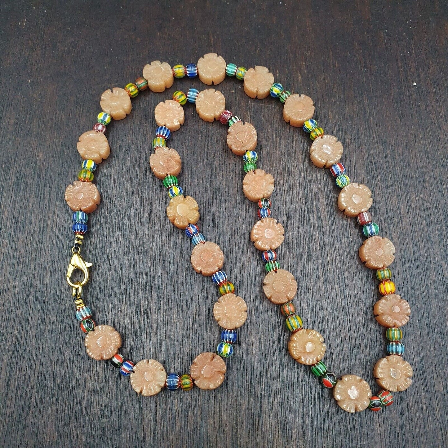 Vintage yellow carving aventurine stone and venetian chevron beads mala necklace
