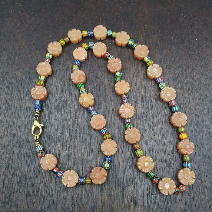 Vintage yellow carving aventurine stone and venetian chevron beads mala necklace
