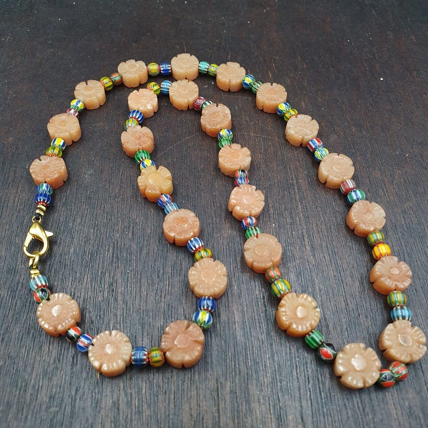 Vintage yellow carving aventurine stone and venetian chevron beads mala necklace
