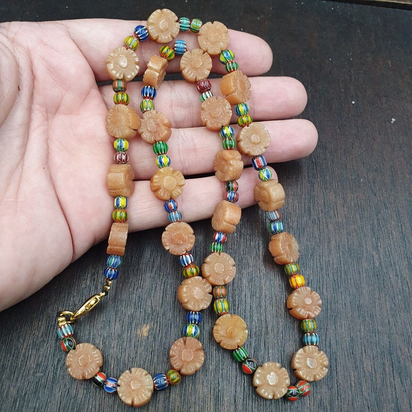 Vintage yellow carving aventurine stone and venetian chevron beads mala necklace