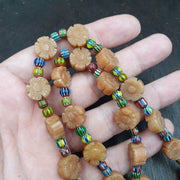 Vintage yellow carving aventurine stone and venetian chevron beads mala necklace