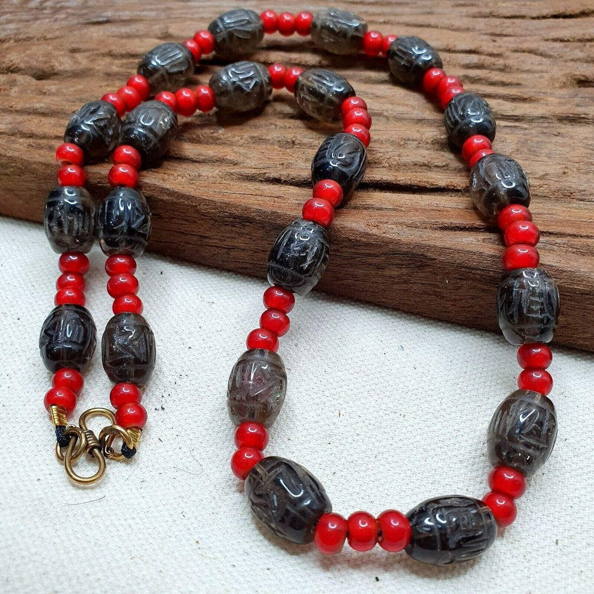 Antique tibetan carving smoky quartz & venetian whiteheart beads mala necklace