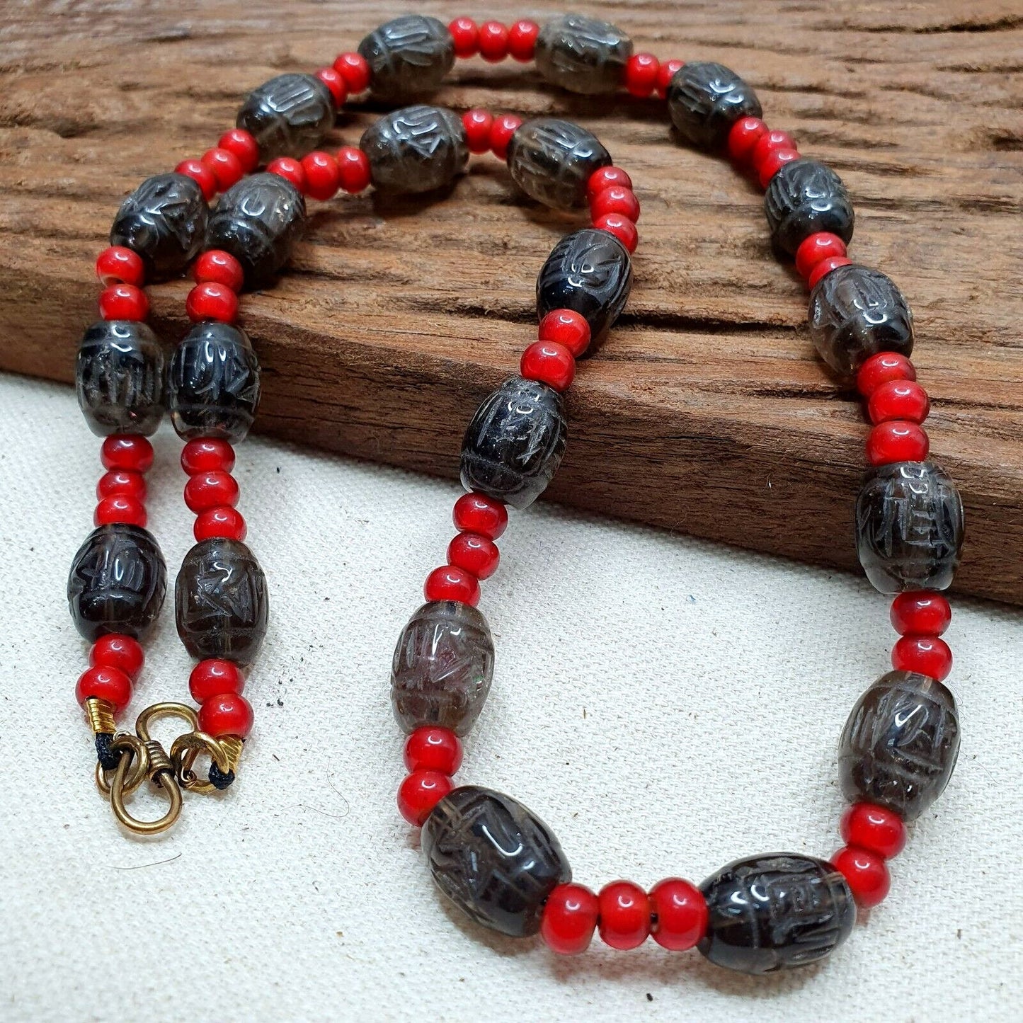Antique tibetan carving smoky quartz & venetian whiteheart beads mala necklace