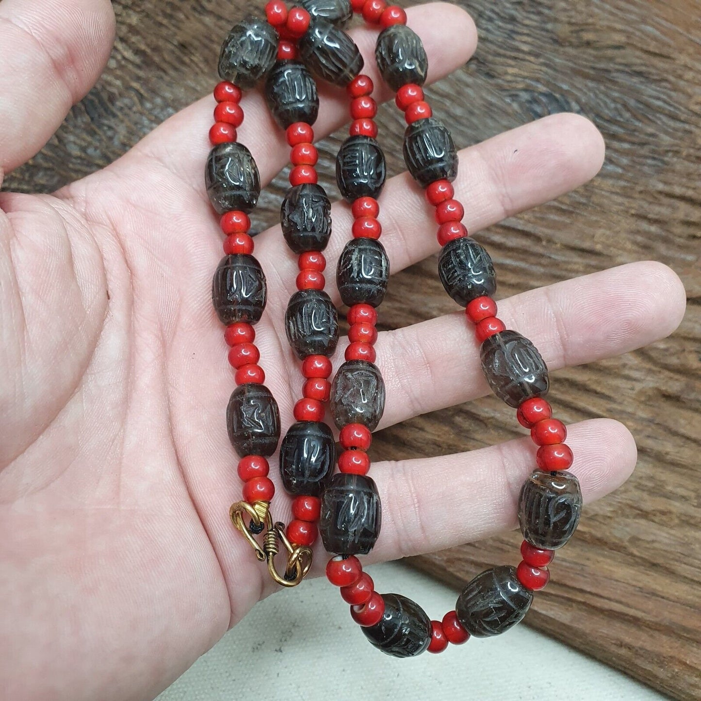 Antique tibetan carving smoky quartz & venetian whiteheart beads mala necklace