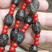 Antique tibetan carving smoky quartz & venetian whiteheart beads mala necklace