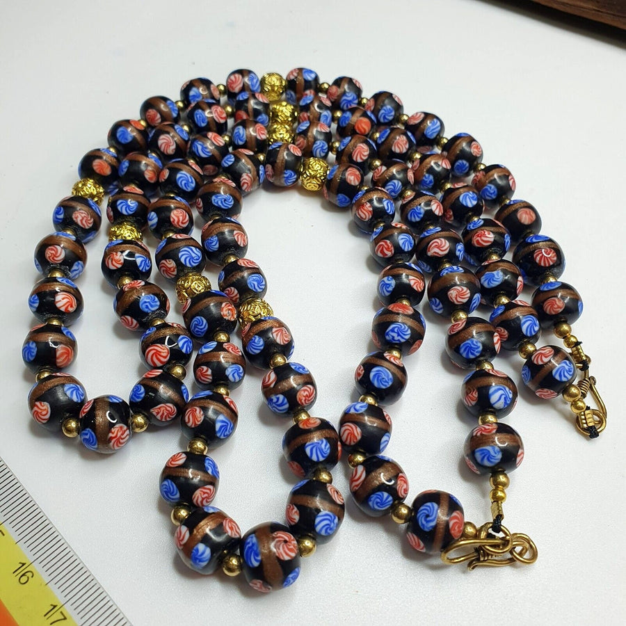 Murano style fancy art 12mm mate black aventurine glass beads strand.