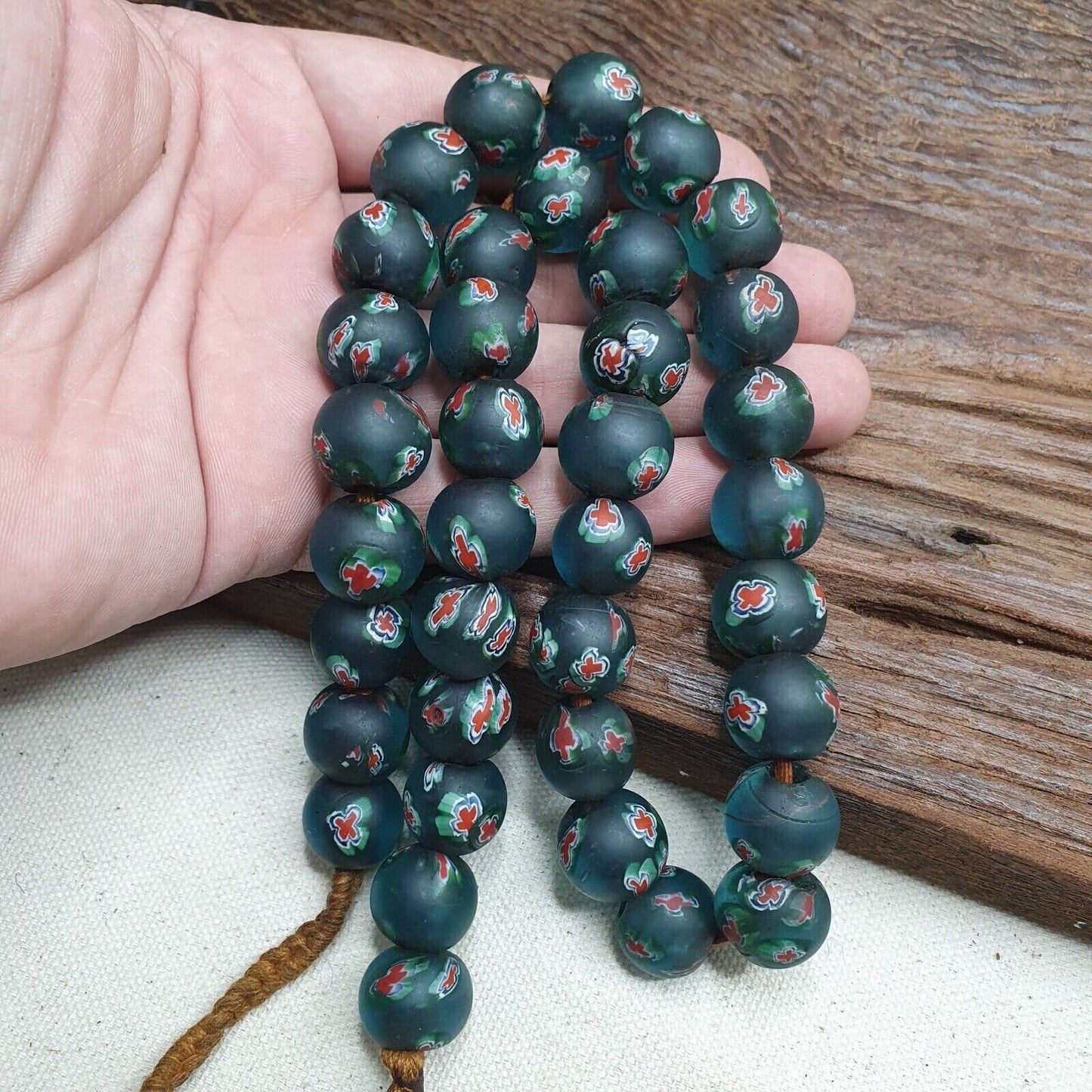 Vintage venetian-african murano style floral green glass beads strand 15-16mmGift