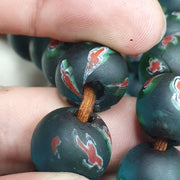 Vintage venetian-african murano style floral green glass beads strand 15-16mm.
