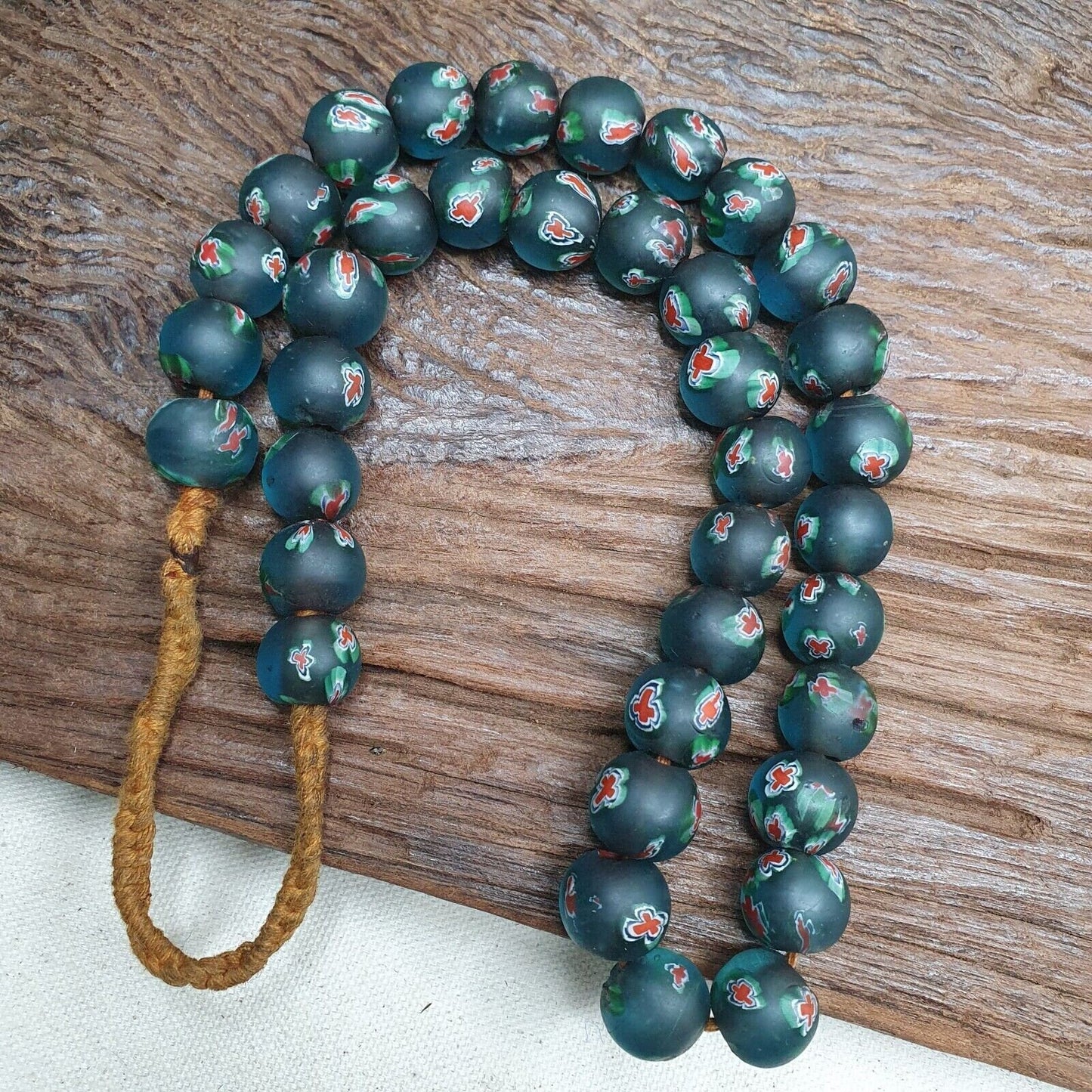 Vintage venetian-african murano style floral green glass beads strand 15-16mmGift