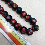Vintage venetian-african murano style floral red glass beads strand 16mm.
