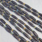 Vintage aventurine fancy feather beads 25-24 x9.5mm black glass beads necklace.