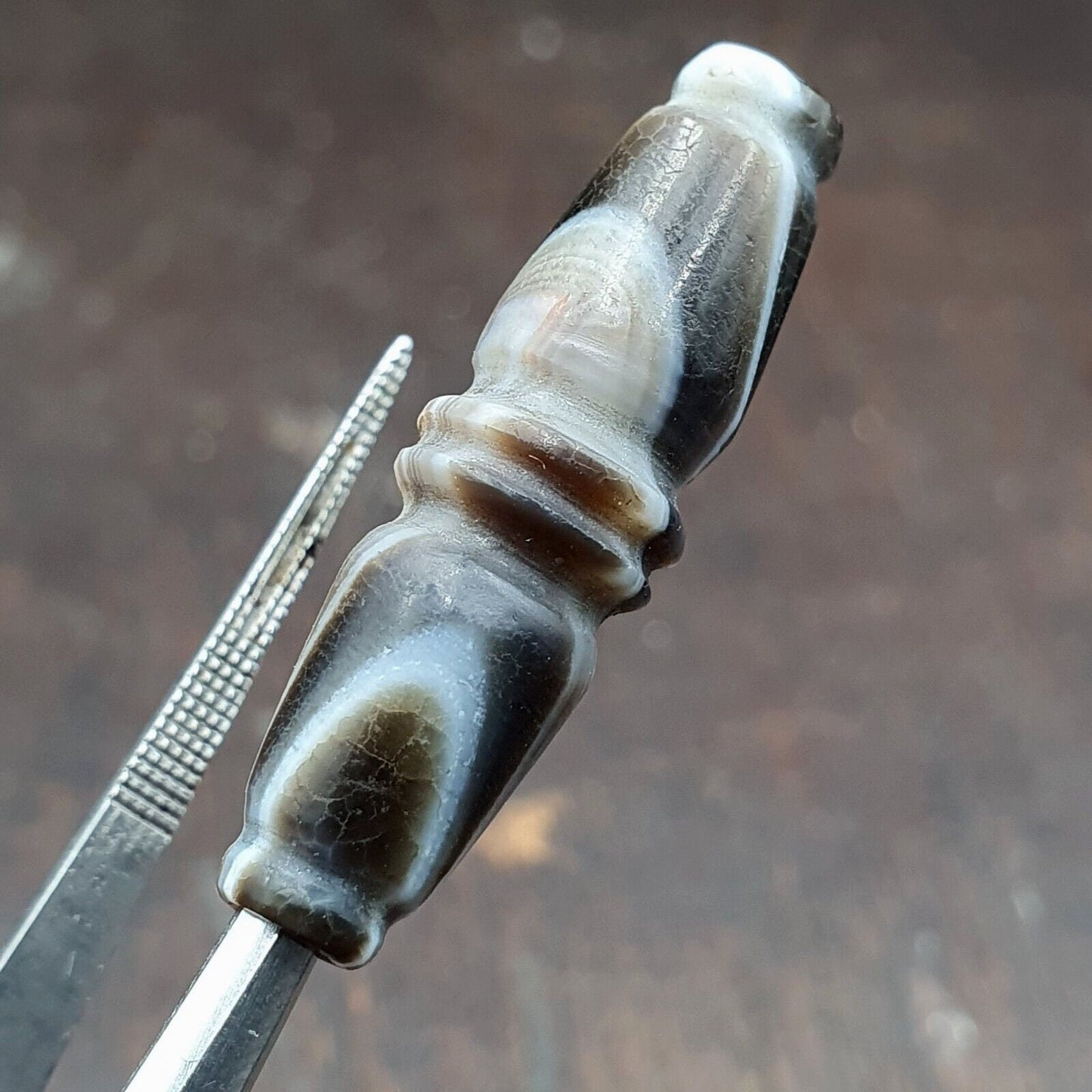 Very rare antique tibetan gray agate carving bead