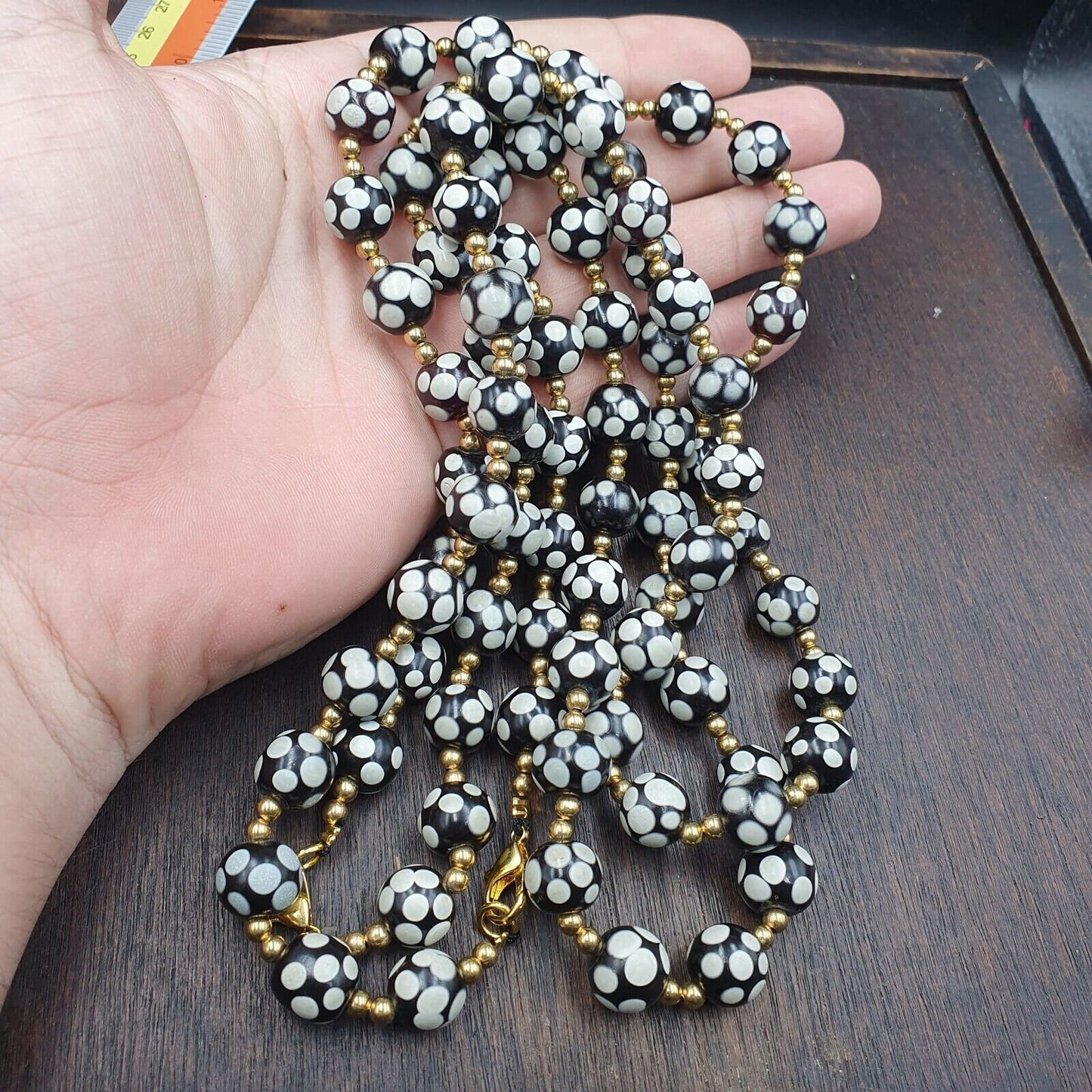 Venetian style skunk black beads vintage dotted beads strand