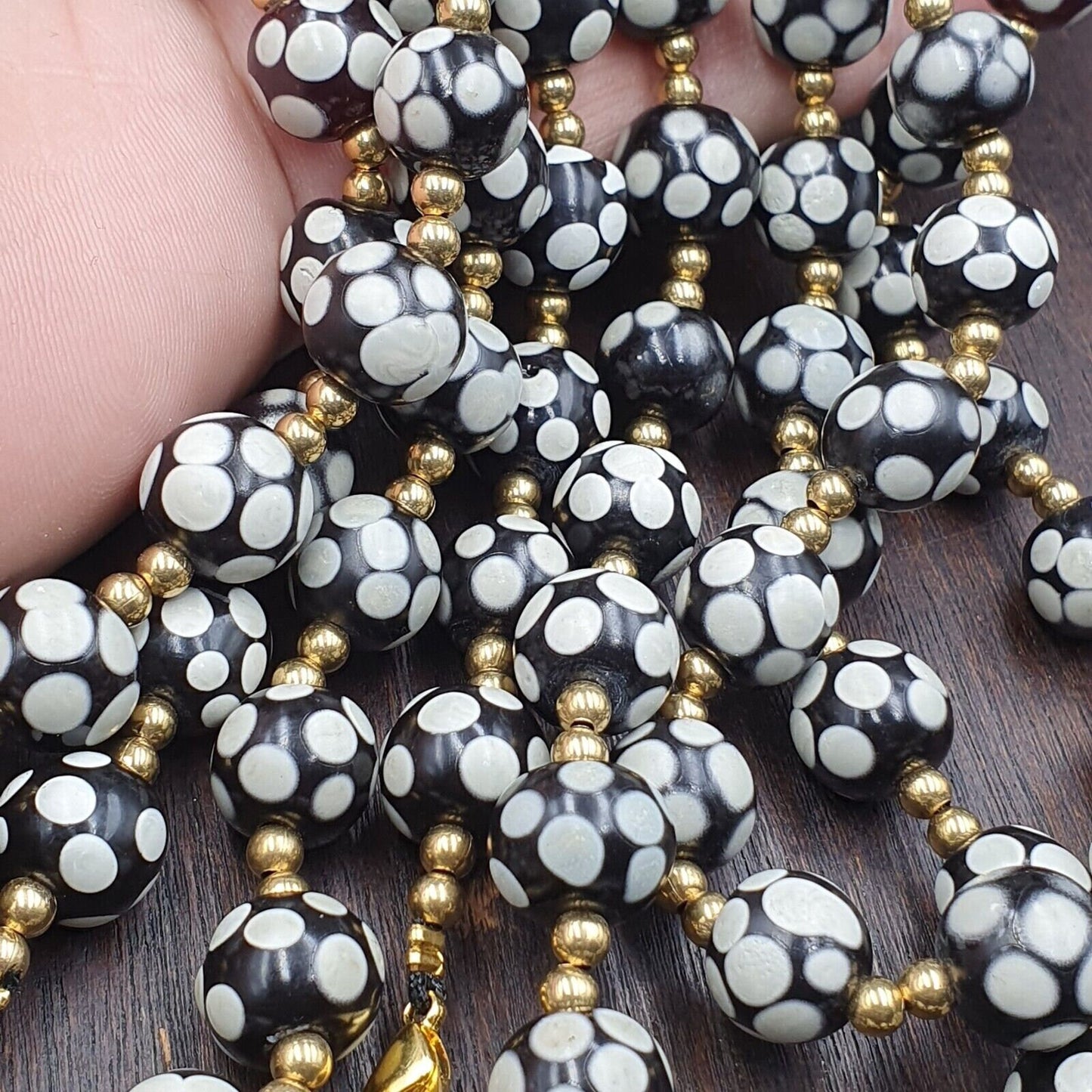 Venetian style skunk black beads vintage dotted beads strand
