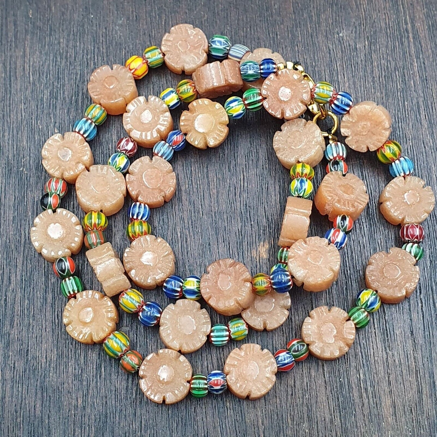 Vintage yellow carving aventurine stone and venetian chevron beads mala necklace