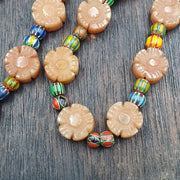 Vintage yellow carving aventurine stone and venetian chevron beads mala necklace