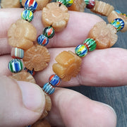 Vintage yellow carving aventurine stone and venetian chevron beads mala necklace