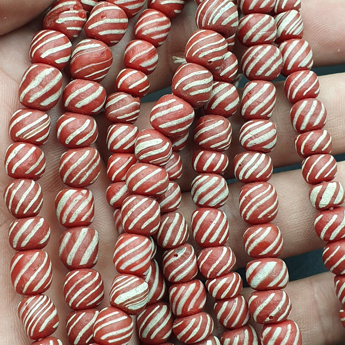 Lot 2 Vintage, Old African Striped Glass Strands | Red White Stripes | 7-9mm & 11-12mm, 100+ Beads Each