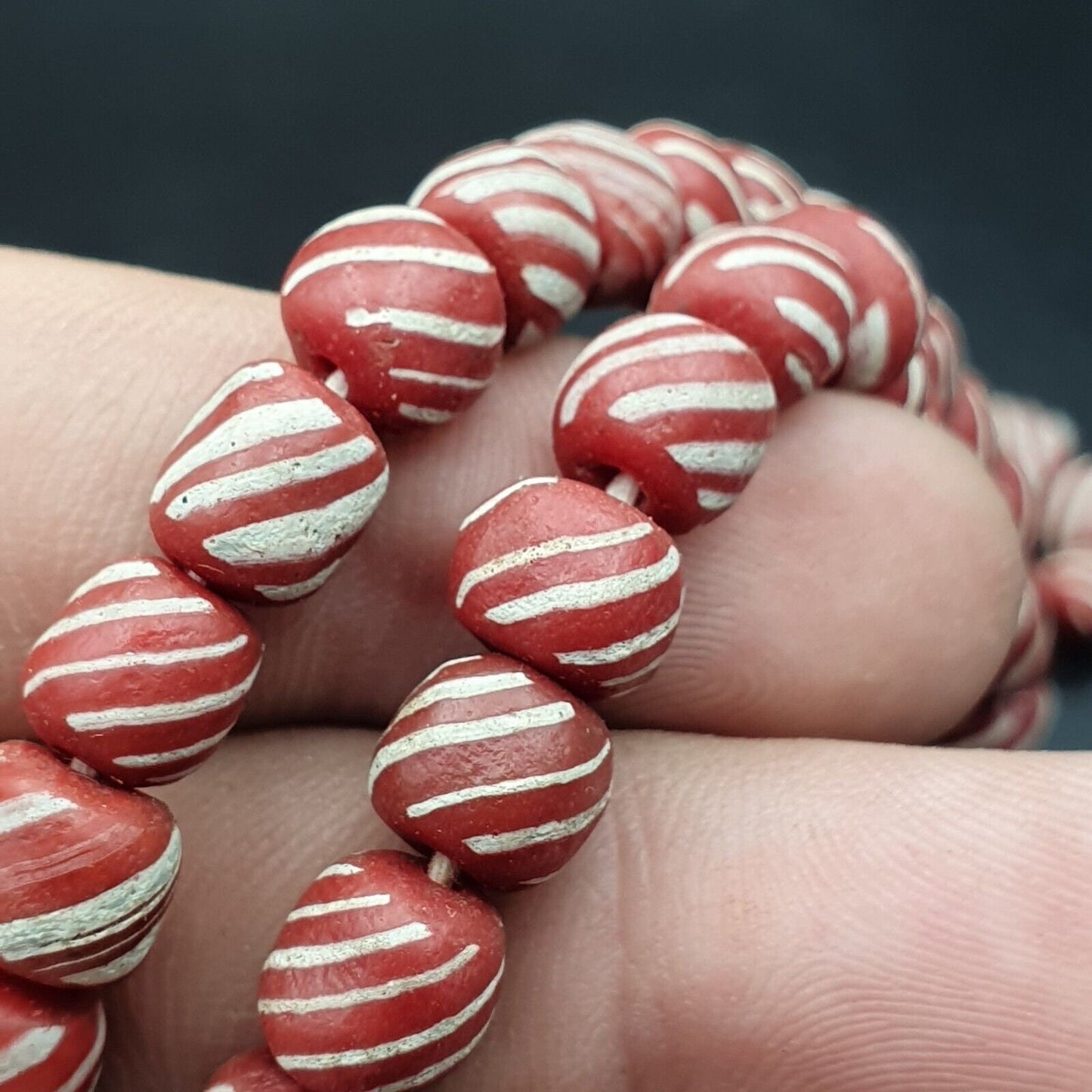 Lot 2 vintage old african red & white glass  stripes beads 7-9mm beads strandGift