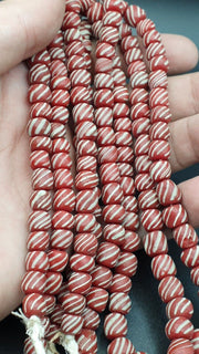 Lot 2 Vintage, Old African Striped Glass Strands | Red White Stripes | 7-9mm & 11-12mm, 100+ Beads Each
