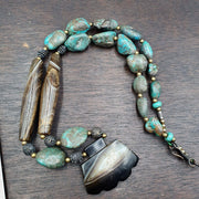 Antique Himalayan Tibetan Agate, Turquoise Amulet Beads Necklace trq2