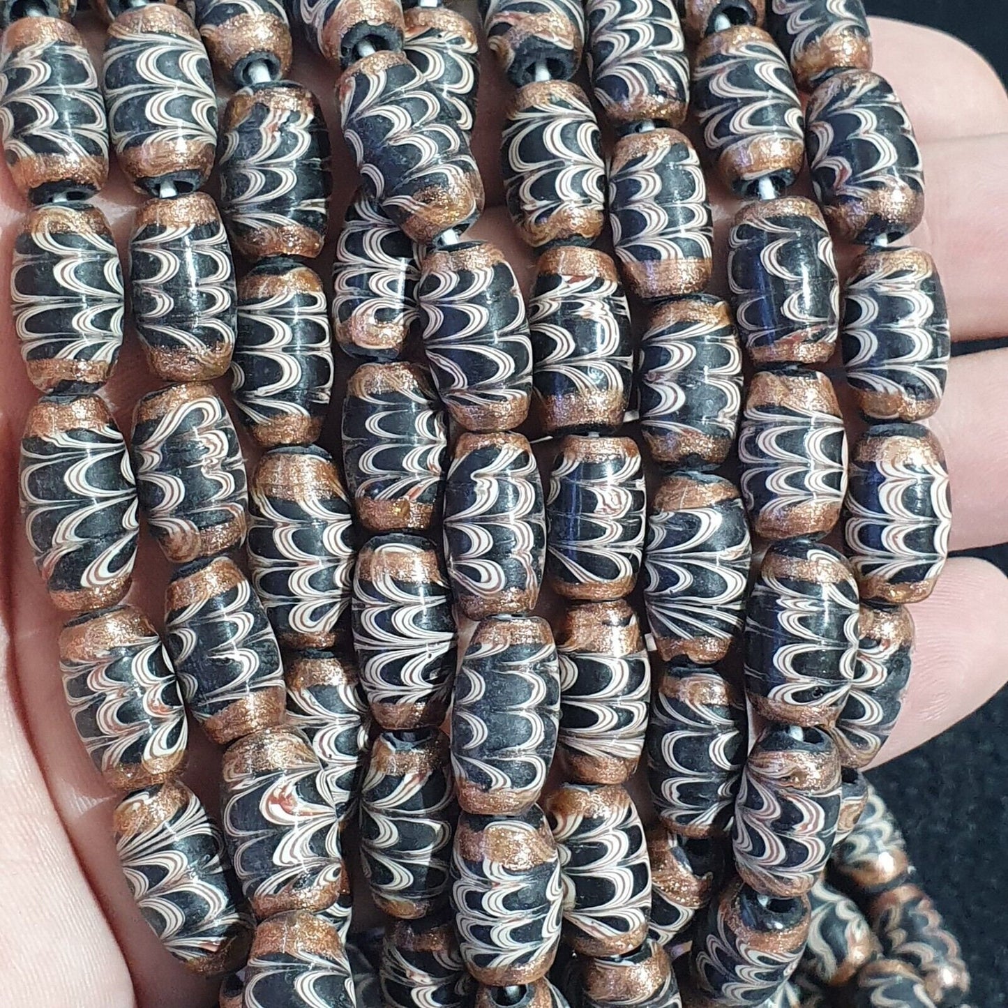 Vintage aventurine black fancy feather glass beads 15x8.5mm 24" necklaceGift