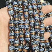 Vintage blue fancy aventurine glass beads strand 23x10.5mm.